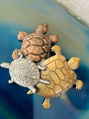 Three Turtle Brooch Vintage Pin - Metallic Copper, Brass, Silver Tones